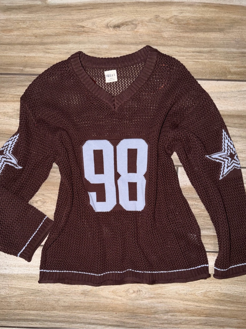 Brown Oversized Knit V-Neck Football Sweater - Size M
